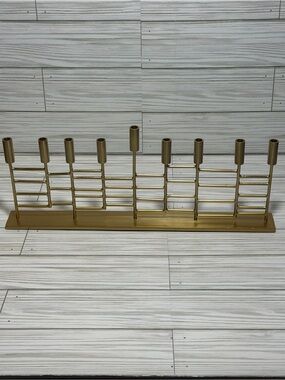 CB2 Gold Metal Hanukkah Menorah 9 Branch Modern Geometric Judaica Candle Holder